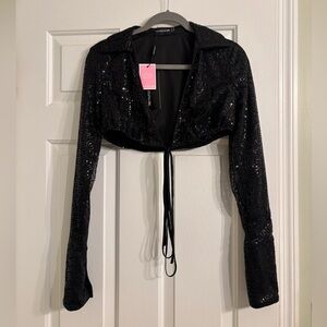 PrettyLittleThing Cropped Black Sequin Blazer